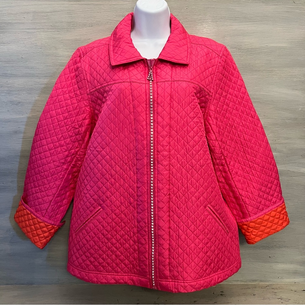 Vintage the Quacker Factory Hot Pink Quilted Rhinestone Zipper Coat Jacket‎ GC
